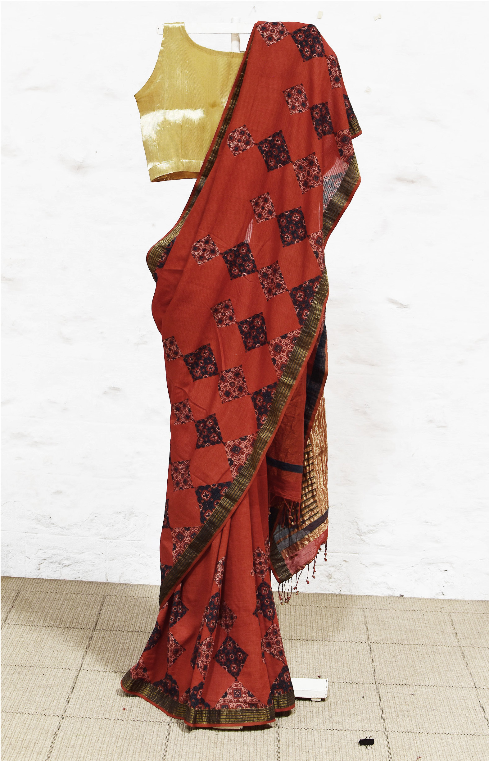 Red, Handwoven Organic Cotton, Textured Weave , Natural dye, Hand block printed, Occasion Wear, Jari, Ajrakh Saree